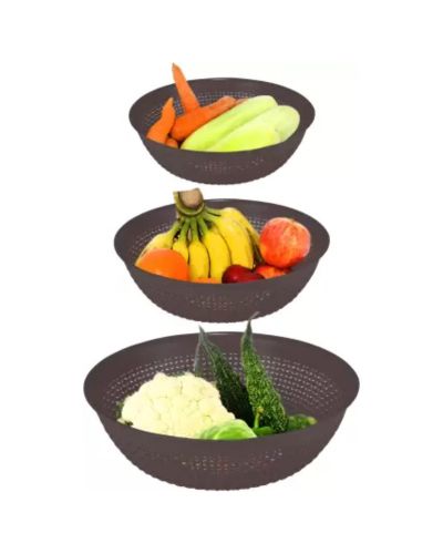 Sukhson India Set of 3 Multipurpose Plastic Baskets for Fruits Vegetables Chocolate Storage and Kitchen Fridge Dining Table Plastic Fruit & Vegetable Basket (Brown)