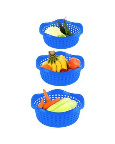 Sukhson India Set of 3 Multipurpose Plastic Baskets for Fruits Vegetables Chocolate Storage and Kitchen Fridge Dining Table Plastic Fruit & Vegetable Basket (Blue)