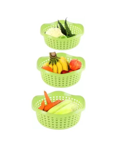 Sukhson India Set of 3 Multipurpose Plastic Baskets for Fruits Vegetables Chocolate Storage and Kitchen Fridge Dining Table Plastic Fruit & Vegetable Basket (Green)