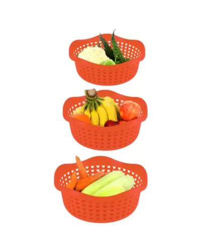 Sukhson India Set of 3 Multipurpose Plastic Baskets for Fruits Vegetables Chocolate Storage and Kitchen Fridge Dining Table Plastic Fruit & Vegetable Basket (Red)