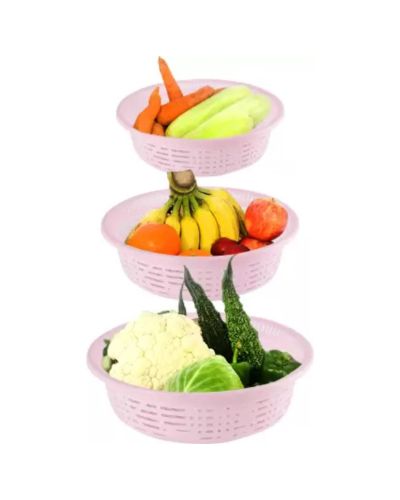 Sukhson India Set of 3 Multipurpose Plastic Baskets for Fruits Vegetables Chocolate Storage and Kitchen Fridge Dining Table Plastic Fruit & Vegetable Basket (Pink)