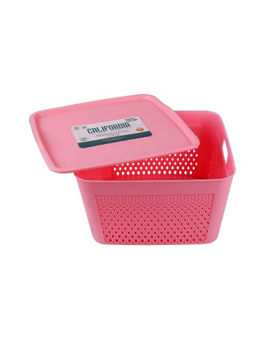 Sukhson India Plastic Multipurpose Storage Baskets With Lid For Home & Kitchen Storage Basket (Pack of 3, Pink)